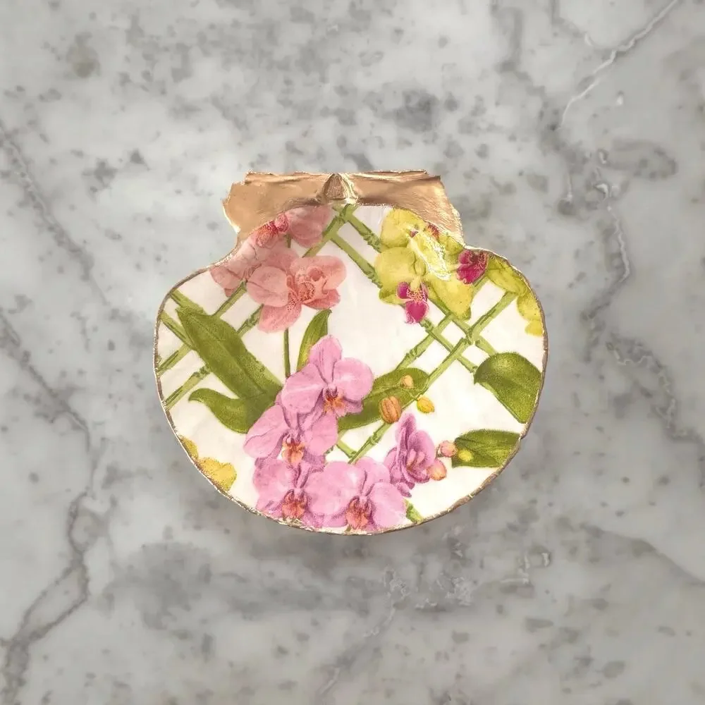 Pink Orchid Bamboo Shell Trinket Dish, Botanical Ring Dish